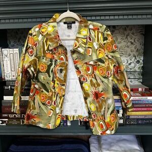 Kak Tus Artsy Button Front Women's Sz L 3/4 Sleeves Pockets Cotton Blend